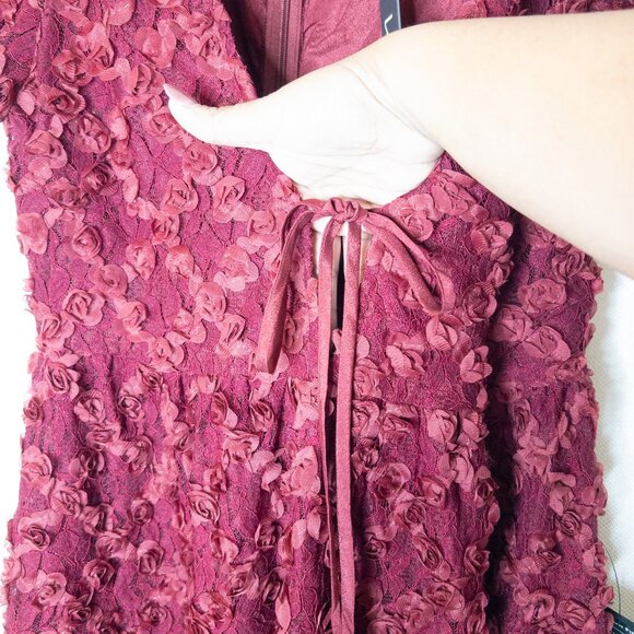 Lulus NWT Burgundy Lace Dress L | 3D Floral Appliqué Wedding Guest Outfit - Picture 13 of 15